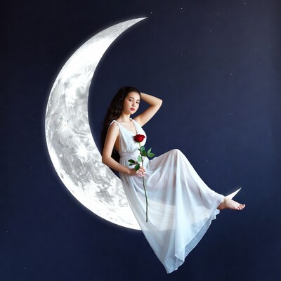 Asian woman on moon holding rose