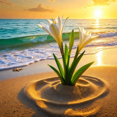 White Lilies in Beach Sand at Sunset
