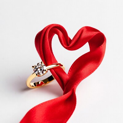 Diamond ring in red heart ribbon