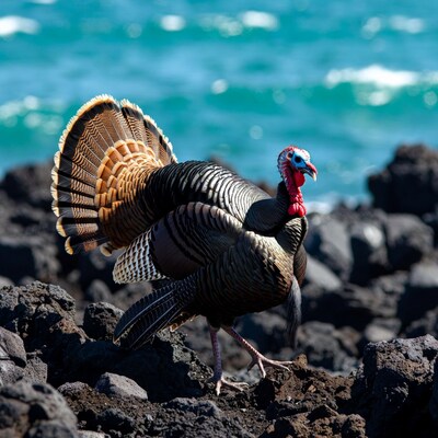 Turkey standing on rocks by ocean