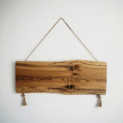 Rustic wooden sign hanging on ropes
