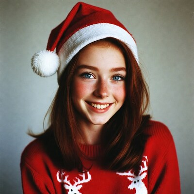 Redhead girl in Santa hat smiling