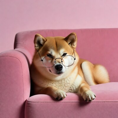 Shiba Inu wearing glasses on pink sofa