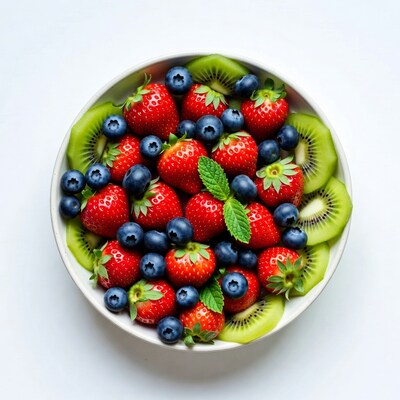 Strawberries Blueberries Kiwi in White Bowl