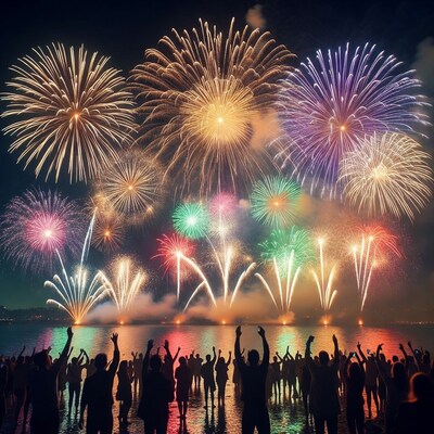 Crowd watching fireworks over lake