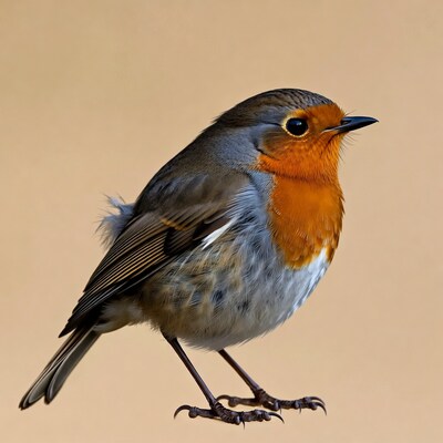 European Robin Standing on Beige Background