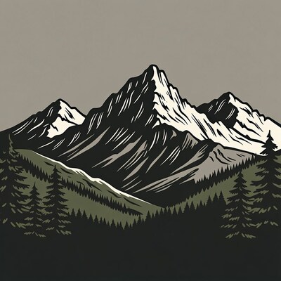Snowy Mountains with Pine Trees Illustration
