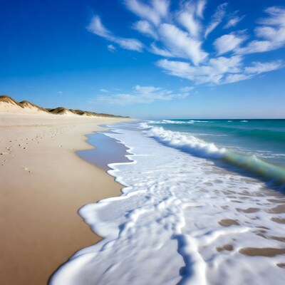 Sandy beach with crashing waves and dunes