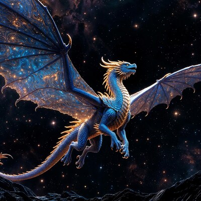Blue Dragon Flying in Starry Space