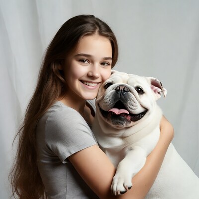Girl hugging white bulldog