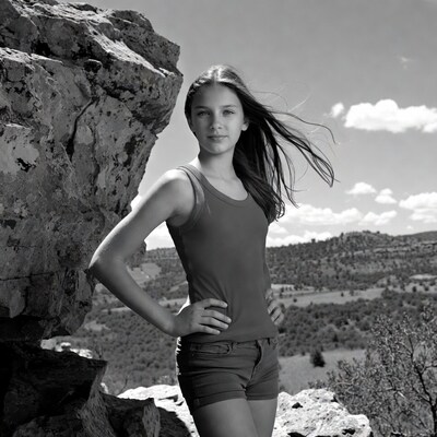 Teen girl posing on rocky cliff