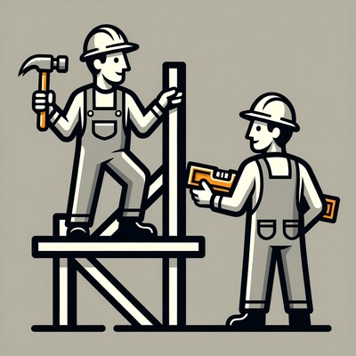 Two construction workers building frame