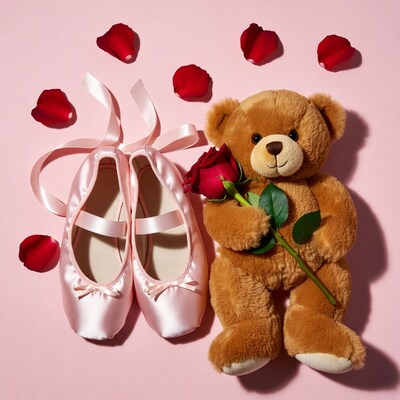 Teddy Bear Holding Rose with Ballet Slippers
