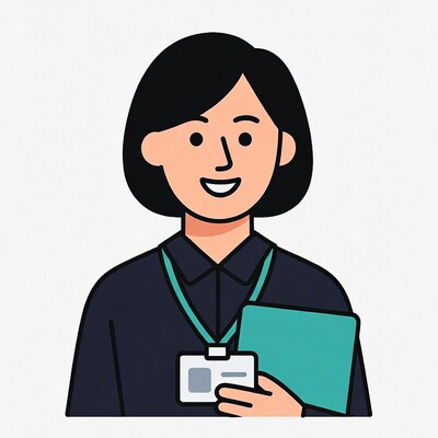 Asian woman holding folder and ID badge
