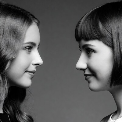 Two women facing each other profile view