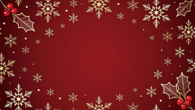 Gold Snowflakes Holly Berries Red Background