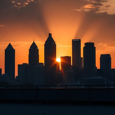 Atlanta skyline sunset with sun rays