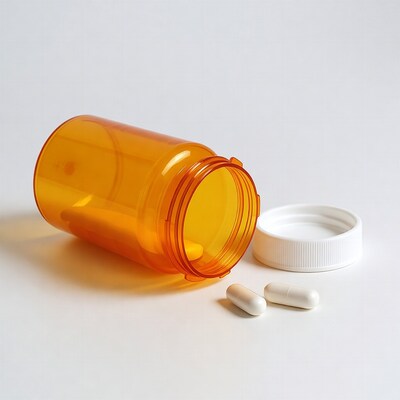 Open orange prescription bottle with pills
