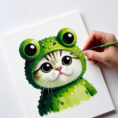 Hand painting frog costume kitten illustration
