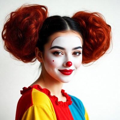Woman in clown costume with red pigtails