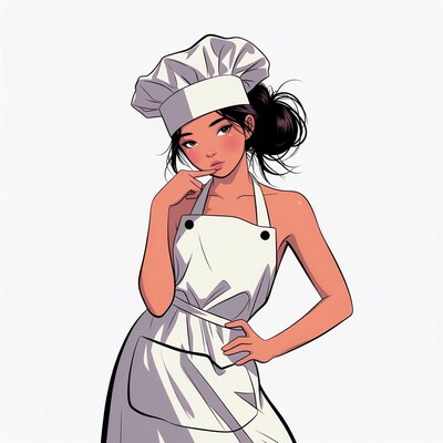 Asian woman chef thinking pose