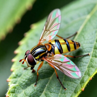 Hoverfly on green leaf