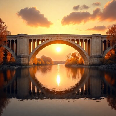 Stone Arch Bridge at Sunset over River