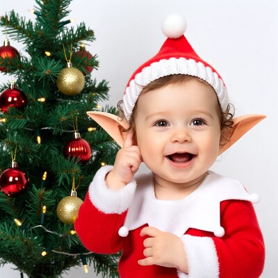 Baby elf smiling with Christmas tree