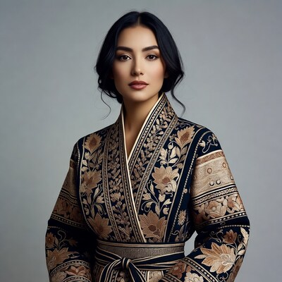 Asian woman in embroidered black kimono