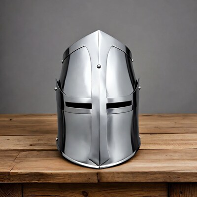 Silver Knight Helmet on Wooden Table