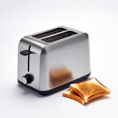 Silver toaster with toasted bread slices