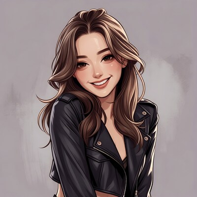 Smiling Asian woman in leather jacket