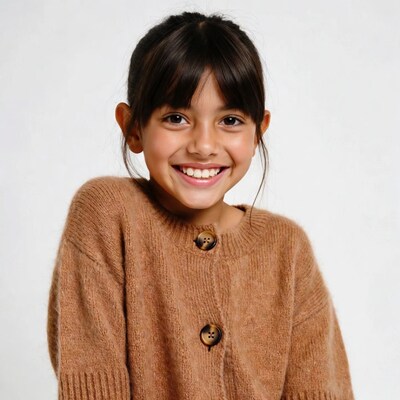 Smiling girl in brown knit cardigan