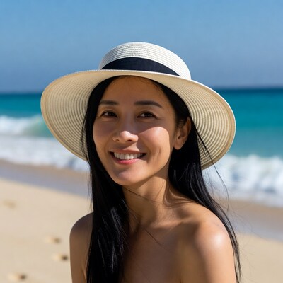 Asian woman in straw hat on beach