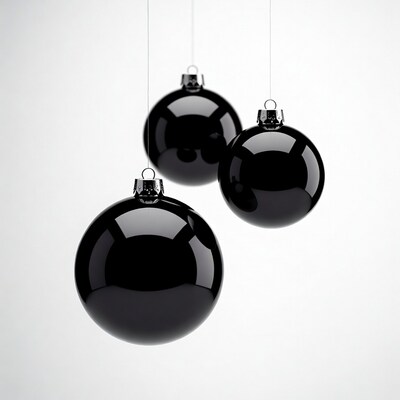 Three Black Christmas Ornaments Hanging