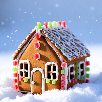 Gingerbread house in snow