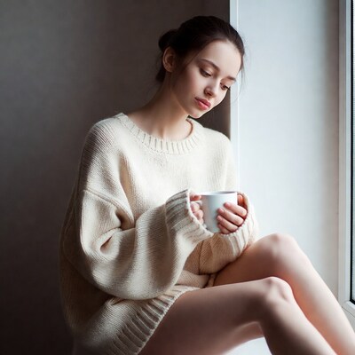 Woman holding mug by window