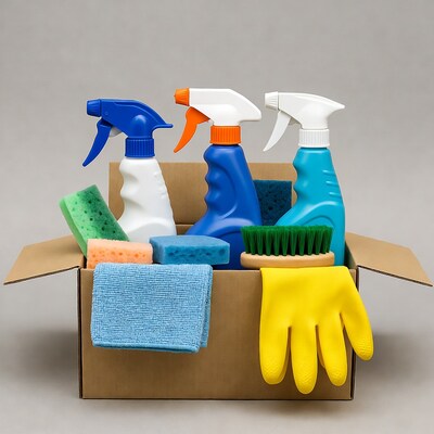 Cleaning supplies in open box