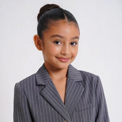 Young girl smiling in pinstripe blazer