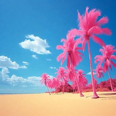 Pink Palm Trees on Beach