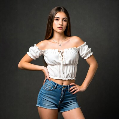 Young woman in white off-shoulder top and denim shorts