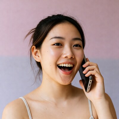 Asian woman laughing on phone