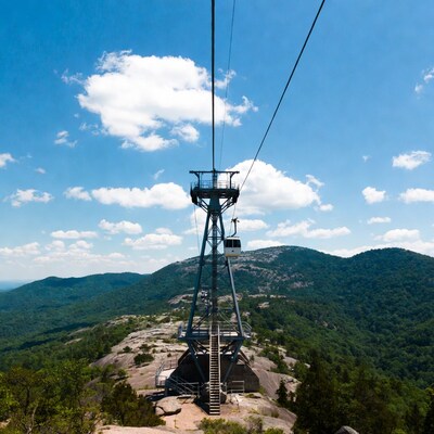 Aerial tramway over rocky mountains