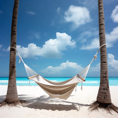 Hammock between palm trees on beach