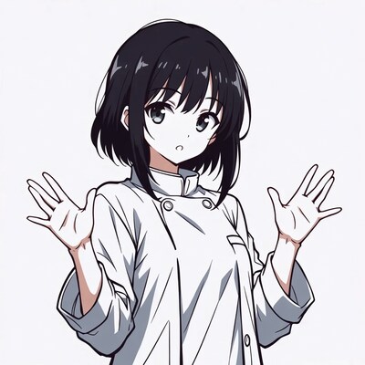 Anime girl in chef uniform raising hands