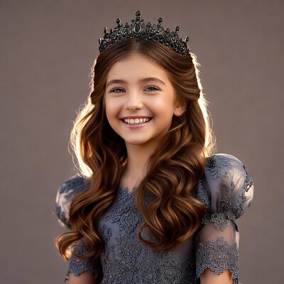 Girl wearing black crown and gray gown