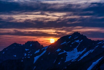 Sunset behind snowy mountain peaks