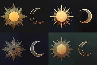 Gold Sun and Moon Illustrations