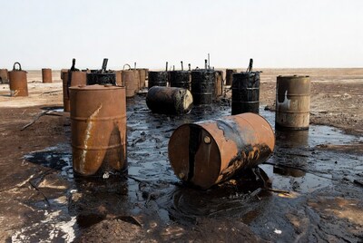 Rusty oil drums in desert spill