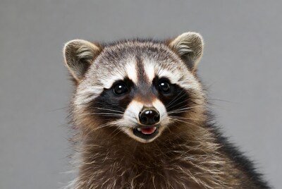 Raccoon with open mouth on gray background